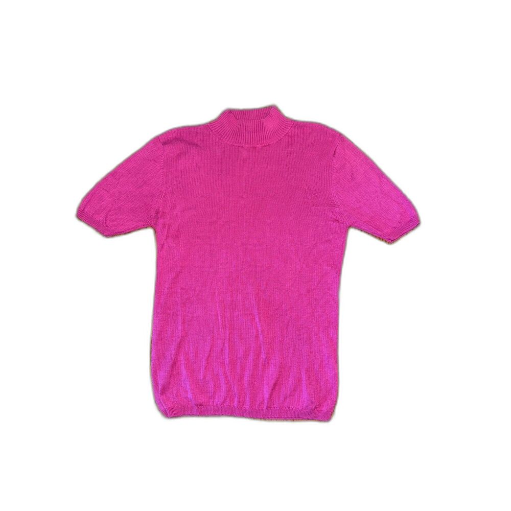 Vintage C'est City 100% Silk Knit Mockneck Short Sleeve Sweater Magenta Pink M